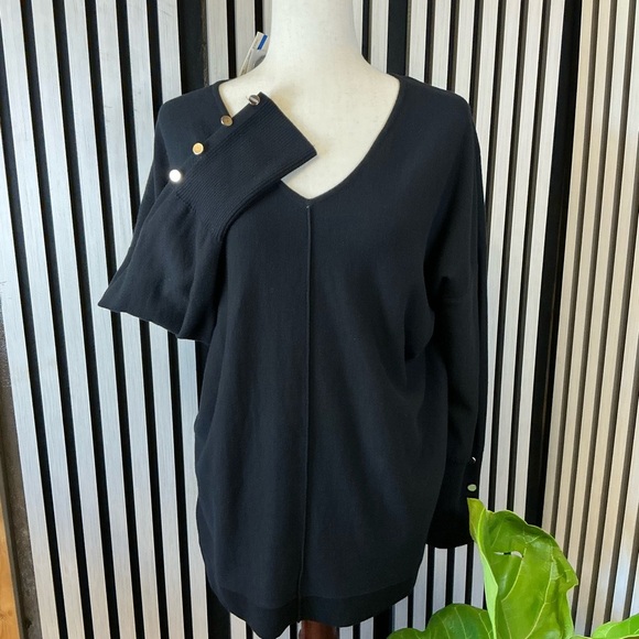 New ANNE KLEIN Black V-Neck Sweater with Silver Button Accents Sz XL - Picture 1 of 6